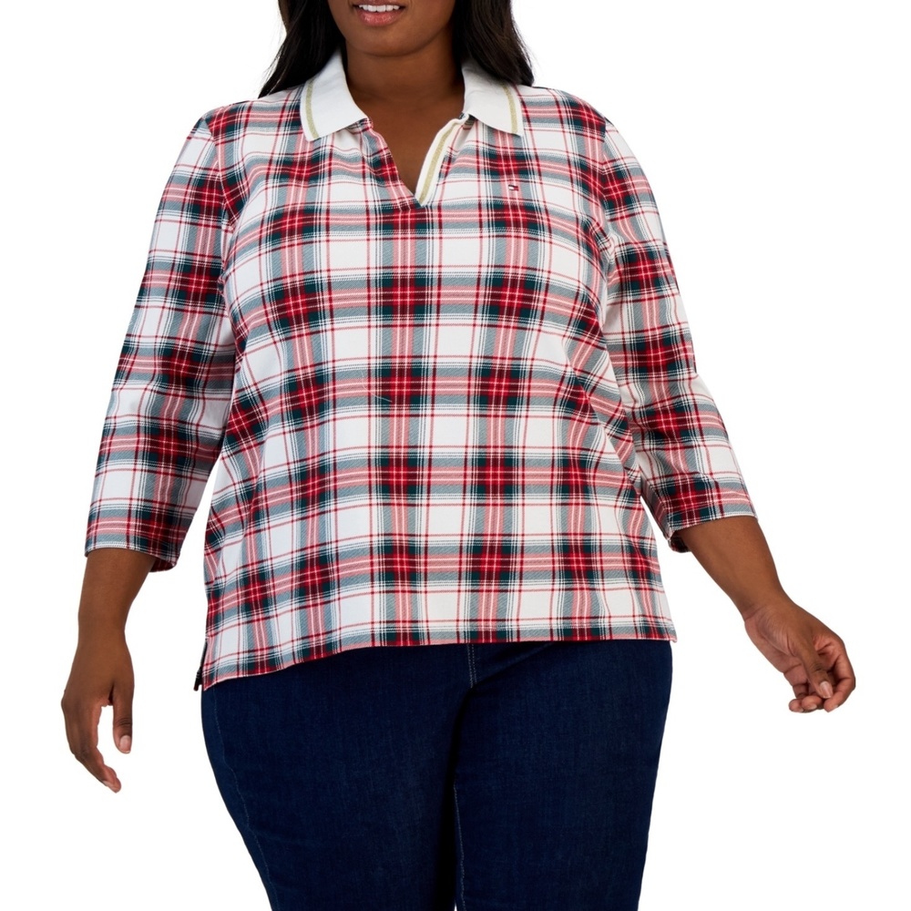 Tommy Hilfiger Plaid Top Plus Size Red White Green Blouse